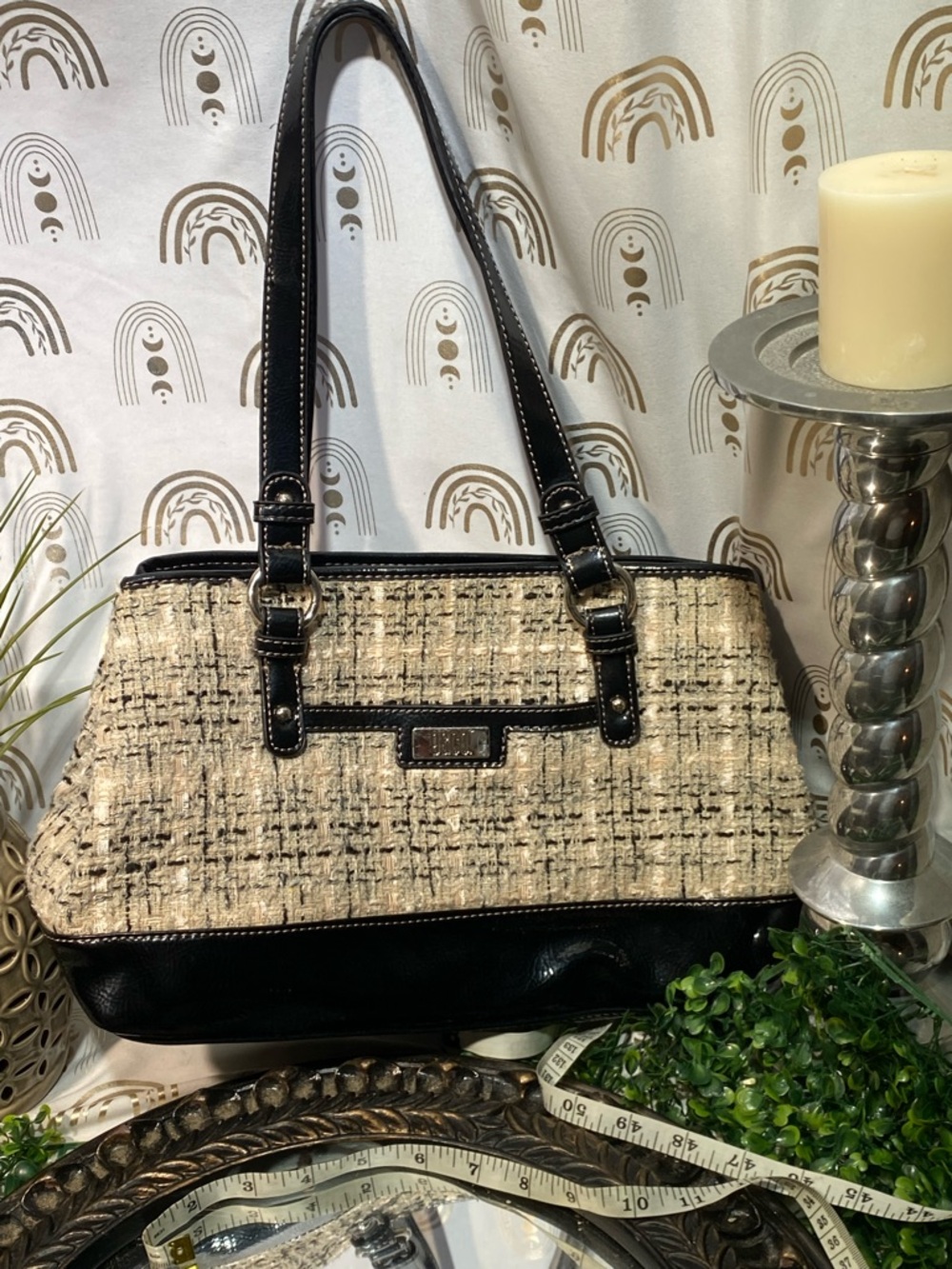 Tweed Shoulder Bag with Black Leather Trim